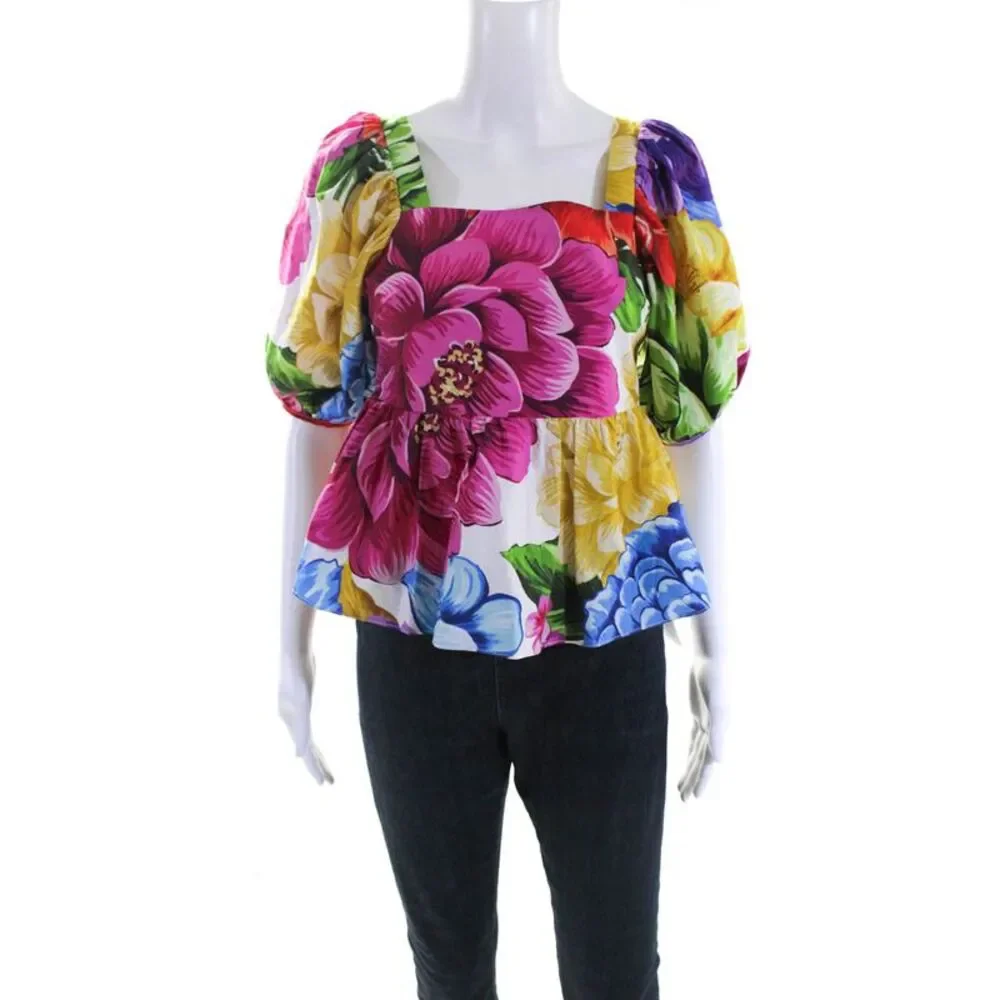 Farm Rio Womens Floral Print Puffy Sleeves Blouse Multi Colored Size Extra Small